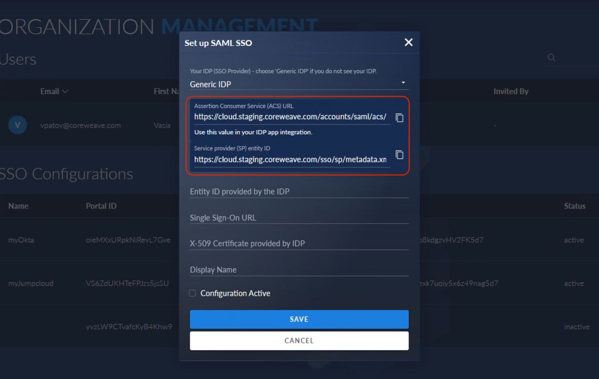 The CoreWeave-specific configuration values in the SSO module